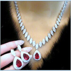 14k white gold over red ruby pear cut necklace earring set